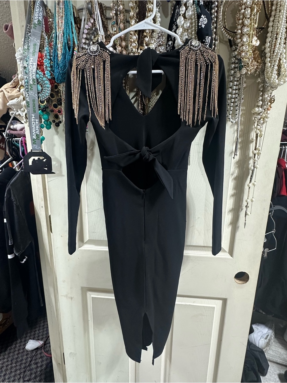 Nookie Black Long-Sleeve Midi Dress with Gold Fringe Shoulder Detail tie back.